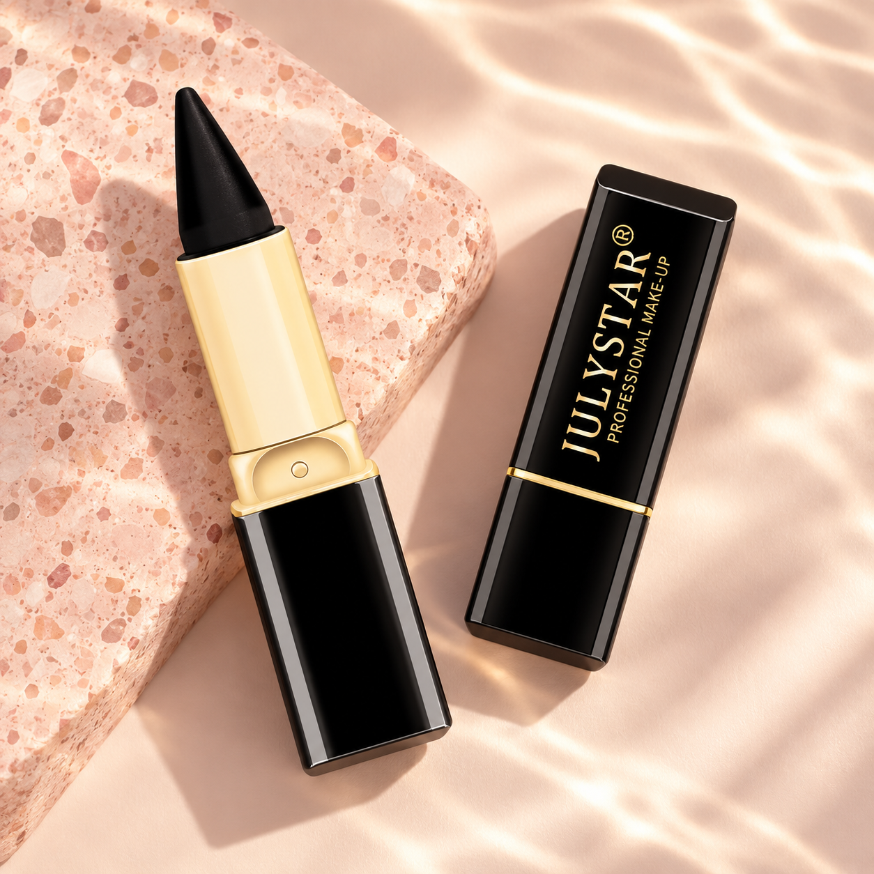 JULYSTAR makeup on a blush studio background